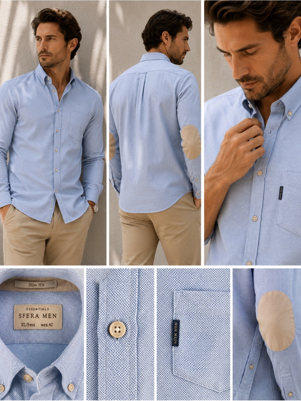 Vittorio Light Blue Dress Shirt with Beige Elbow Patches